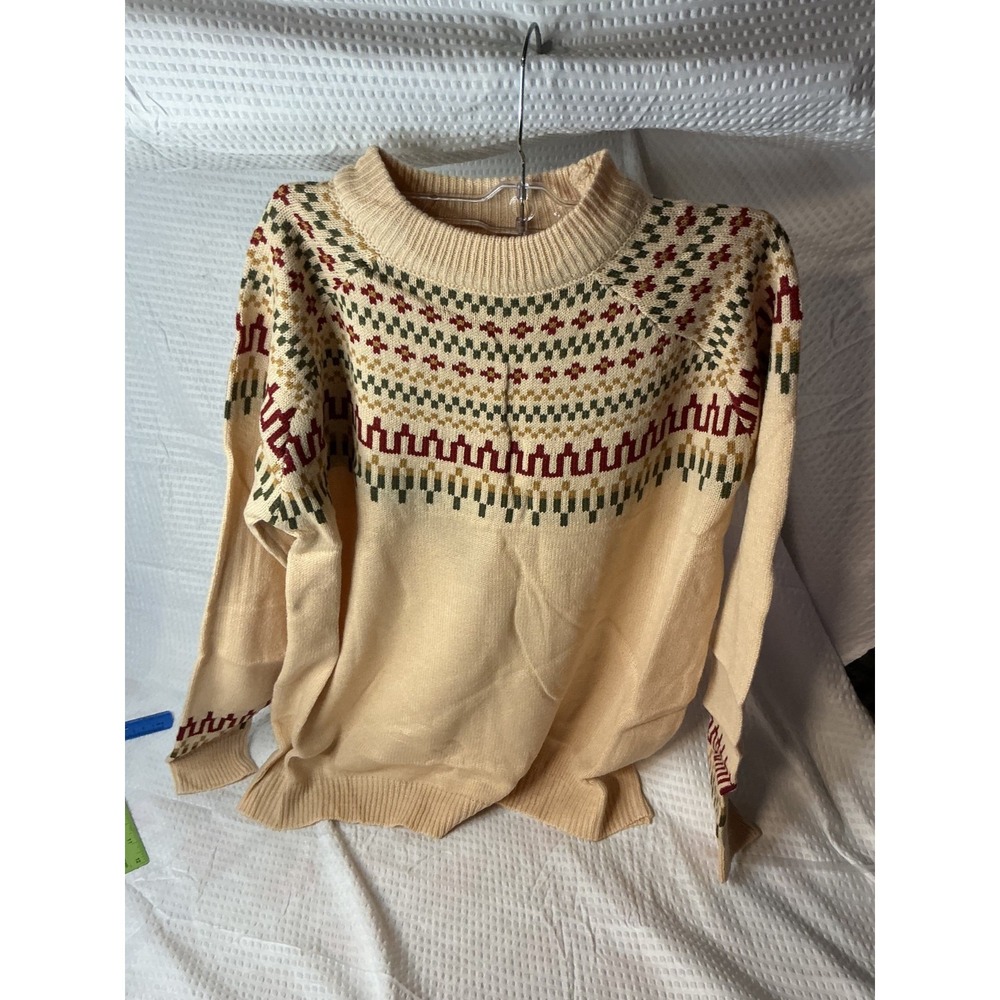Cream Fair Isle Knit Crew Neck Sweater Burgundy Green Geometric Pullover Small